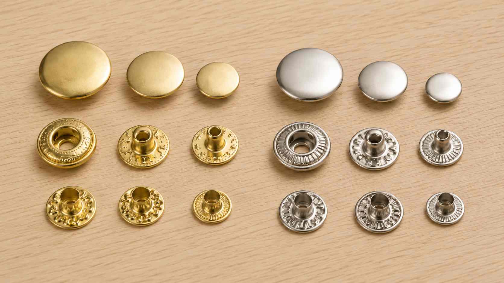 snap button, Snap button components in gold and silver finishes are displayed in three sizes on a light wooden surface.